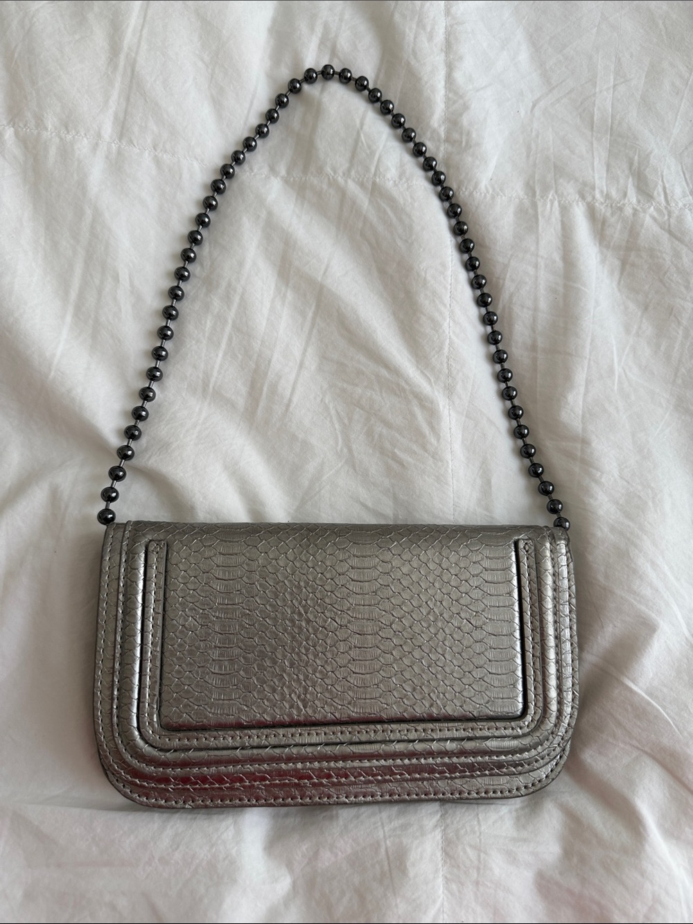 Zara Metallic Silver Textured Clutch with Beaded Strap